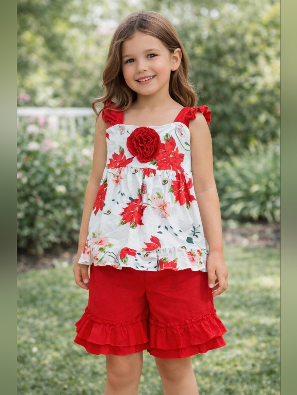 Girls Floral Ruffle Shorts‎ Set 5-6T Red White Summer Outfit Boutique Style